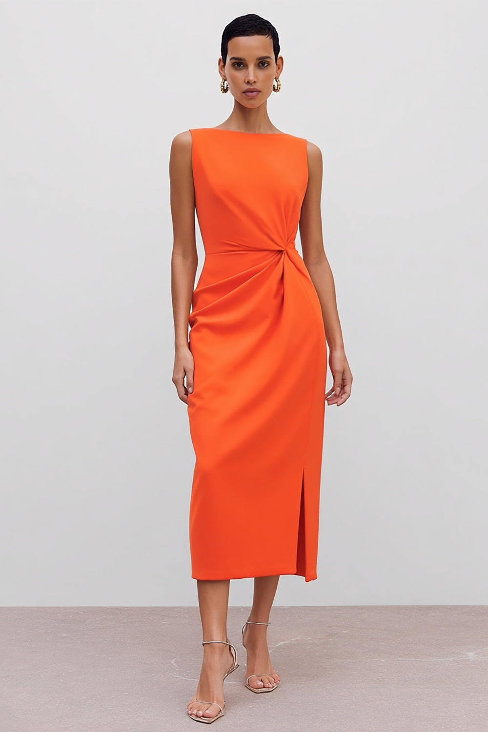 orange semi formal dresses ZAPAKA Women Orange Satin Midi Work Dress with Slit Bateau Neck Sheath Ruched Semi-Formal Dress, Orange / US6