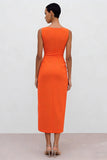 Orange Satin Bateau Neck Sheath Ruched Midi Work Dress with Slit