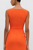 Orange Satin Bateau Neck Sheath Ruched Midi Work Dress with Slit