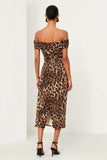 Brown Leopard Off The Shoulder Sheath Work Dress with Back Slit