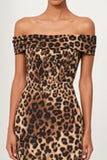Brown Leopard Off The Shoulder Sheath Work Dress with Back Slit
