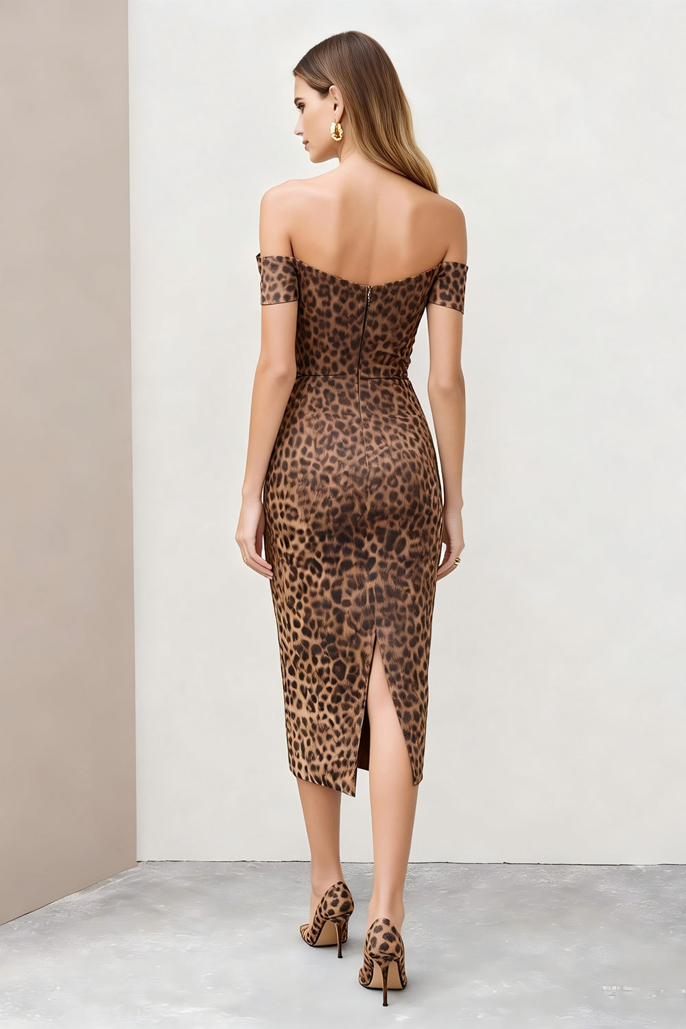 ZAPAKA Women Brown Leopard Midi Work Dress with Back Slit Off The Shoulder Bodycon Semi-Formal Dress, Brown Leopard / US18W ZAPAKA Women Brown Leopard Midi Work Dress with Back Slit Off The Shoulder Bodycon Semi-Formal Dress, Brown Leopard / US18W