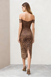 Brown Leopard Off The Shoulder Bodycon Midi Work Dress with Back Slit