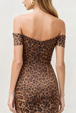 Brown Leopard Off The Shoulder Bodycon Midi Work Dress with Back Slit