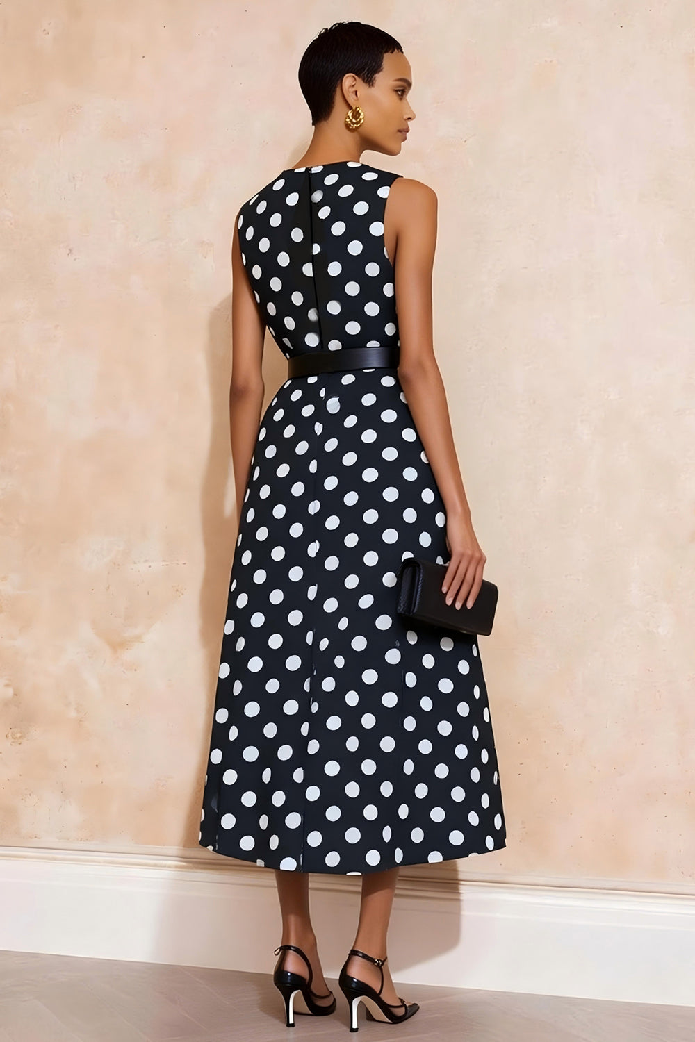 Navy White Dot Round Neck A Line Midi Work Dress with Belt Navy White Dot Round Neck A Line Midi Work Dress with Belt