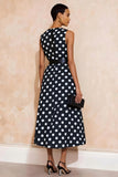 Navy White Dot Round Neck A Line Midi Work Dress with Belt