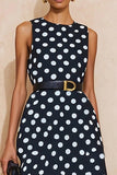 Navy White Dot Round Neck A Line Midi Work Dress with Belt
