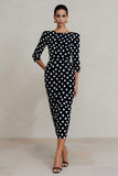 Black White Dot Bateau Neck Sheath Midi Work Dress with Sleeves