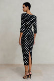 Black White Dot Bateau Neck Sheath Midi Work Dress with Sleeves