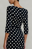 Black White Dot Bateau Neck Sheath Midi Work Dress with Sleeves