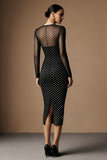 Black White Dot Round Neck Sheath Work Dress with Long Sleeves