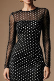 Black White Dot Round Neck Sheath Work Dress with Long Sleeves