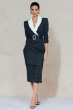 Navy White Dot Peak Lapel Bodycon Midi Work Dress with Rhinestone Belt