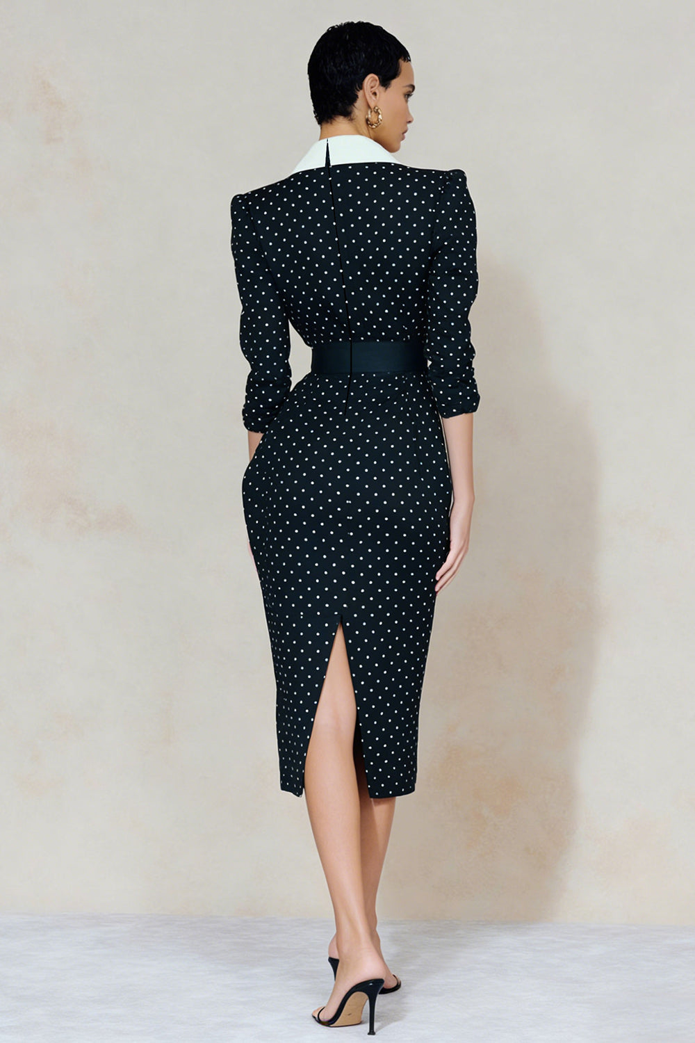 ZAPAKA Women Navy White Dot Midi Work Dress with Rhinestone Belt Peak Lapel Bodycon 3/4 Sleeve Semi-Formal Dress with Back Slit, Navy White Dot / L ZAPAKA Women Navy White Dot Midi Work Dress with Rhinestone Belt Peak Lapel Bodycon 3/4 Sleeve Semi-Formal Dress with Back Slit, Navy White Dot / L