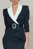Navy White Dot Peak Lapel Bodycon Midi Work Dress with Rhinestone Belt
