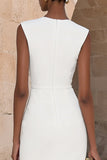 Ivory Satin Round Neck Bodycon Double Breasted Midi Work Dress