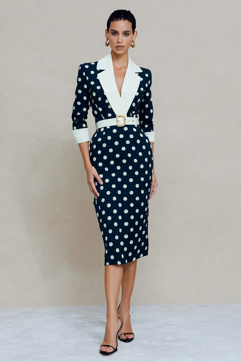 ZAPAKA Women Navy White Dot Midi Work Dress with Belt Notched Lapel Bodycon 3/4 Sleeve Semi-Formal Dress with Back Slit, Navy White Dot / M ZAPAKA Women Navy White Dot Midi Work Dress with Belt Notched Lapel Bodycon 3/4 Sleeve Semi-Formal Dress with Back Slit, Navy White Dot / M