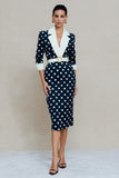 Navy White Dot Notched Lapel Bodycon Midi Work Dress with Belt