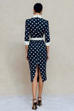 Navy White Dot Notched Lapel Bodycon Midi Work Dress with Belt