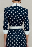 Navy White Dot Notched Lapel Bodycon Midi Work Dress with Belt