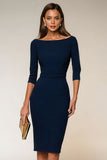 Navy Bodycon Bateau Neck Midi Work Dress with 3/4 Sleeves