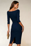 Navy Bodycon Bateau Neck Midi Work Dress with 3/4 Sleeves