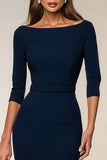 Navy Bodycon Bateau Neck Midi Work Dress with 3/4 Sleeves