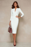 Ivory Bodycon Round Neck Midi Work Dress with 3/4 Sleeves