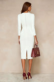 Ivory Bodycon Round Neck Midi Work Dress with 3/4 Sleeves