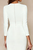 Ivory Bodycon Round Neck Midi Work Dress with 3/4 Sleeves