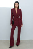 Burgundy Double Breasted 2 Piece Shawl Lapel Women's Work Suits