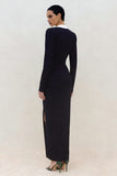 Black Sheath Deep V-Neck Long Sleeves Work Dress with Slit