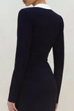 Black Sheath Deep V-Neck Long Sleeves Work Dress with Slit