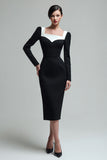 Black Sheath Square Neck Long Sleeves Midi Work Dress