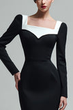 Black Sheath Square Neck Long Sleeves Midi Work Dress