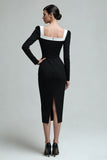 Black Sheath Square Neck Long Sleeves Midi Work Dress