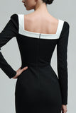 Black Sheath Square Neck Long Sleeves Midi Work Dress