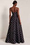 Satin Black White Dots A-Line Spaghetti Straps Long Formal Dress