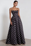Satin Black White Dots A-Line Spaghetti Straps Long Formal Dress