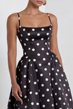 Satin Black White Dots A-Line Spaghetti Straps Long Formal Dress