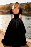 Black Velvet High-Low Sequin Princess Prom Dress with Puff Sleeves