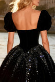Black Velvet High-Low Sequin Princess Prom Dress with Puff Sleeves
