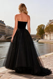 Strapless Black A Line Tulle High-Low Prom Dress