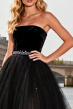 Strapless Black A Line Tulle High-Low Prom Dress