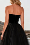Strapless Black A Line Tulle High-Low Prom Dress