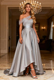 Grey A Line Satin High-Low Long Prom Dress with Beading