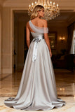 Grey A Line Satin High-Low Long Prom Dress with Beading