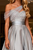 Grey A Line Satin High-Low Long Prom Dress with Beading