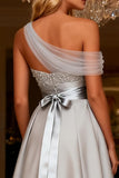 Grey A Line Satin High-Low Long Prom Dress with Beading