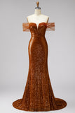 Bronze Off the Shoulder Sequins Sheath V-Neck Prom Dress with Sweep Train